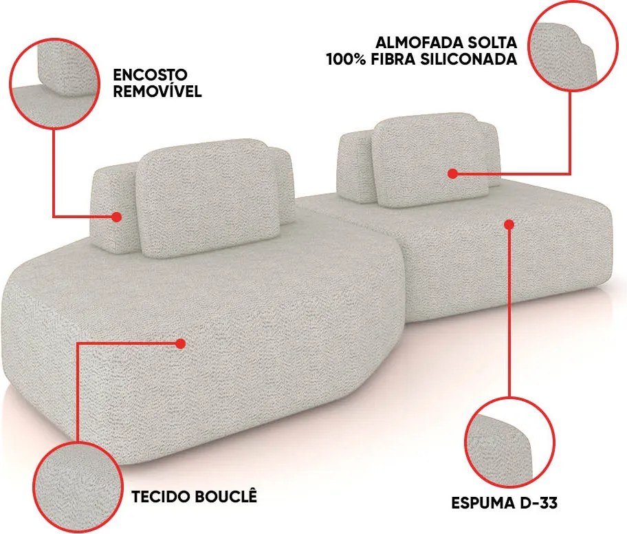 Sofá 2 Lugares Orgânico com Chaise e 1 Módulo Central Berlim Bouclê Cinza Claro K01 - D'Rossi