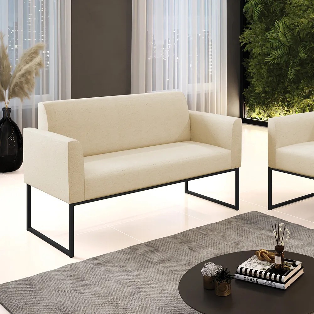 Sofá Namoradeira Base Industrial Preto Marisa Linho - A32 Palha