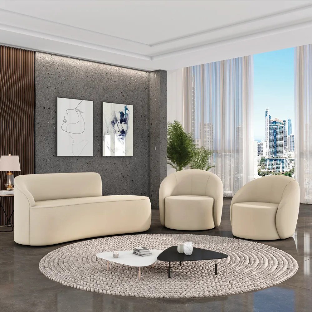 Sofá 2 Lug Orgânico140cm Morgan e 2 Poltronas Giratória Lua Cotelê/Veludo Bege D03 - D'Rossi