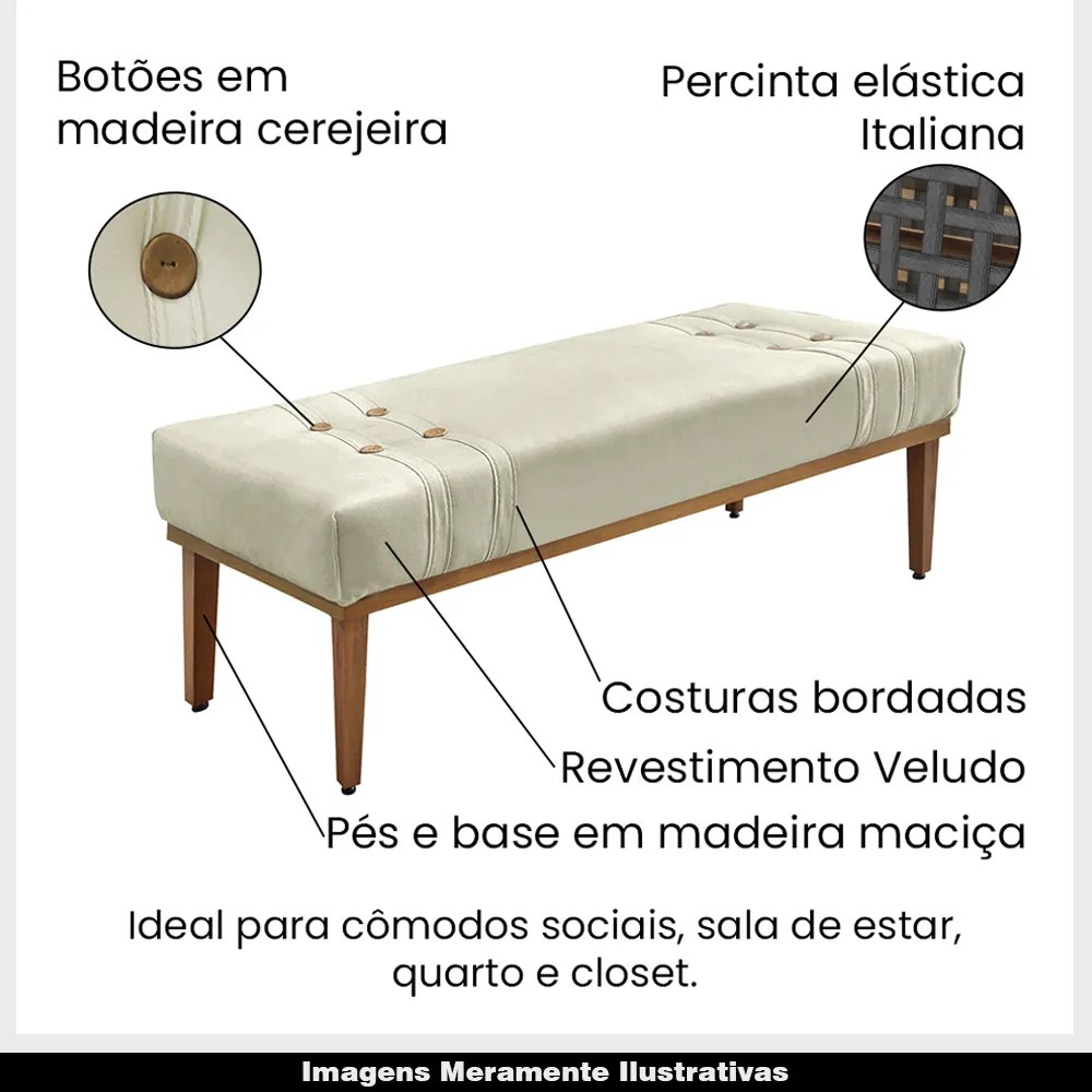 Recamier Decorativo 140cm Kors Veludo Pés de Madeira Bege G63 - Gran Belo