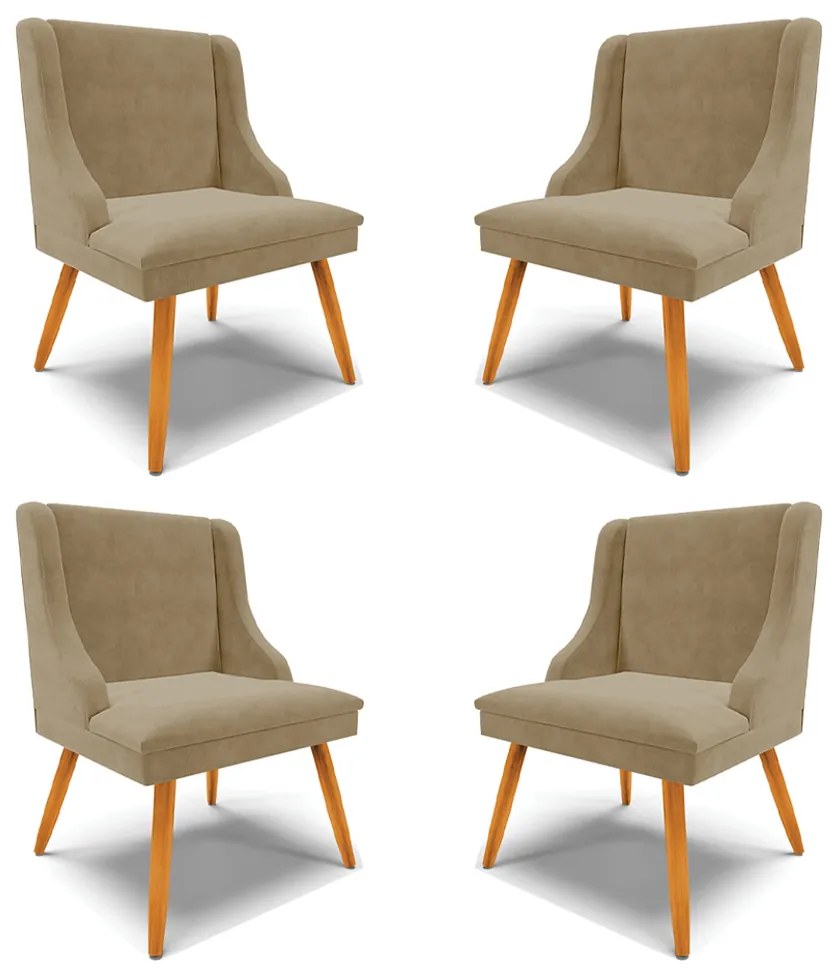 Kit 4 Cadeiras Decorativas Sala de Jantar Pés Palito de Madeira Firenze Suede Nude/Natural G19 - Gran Belo