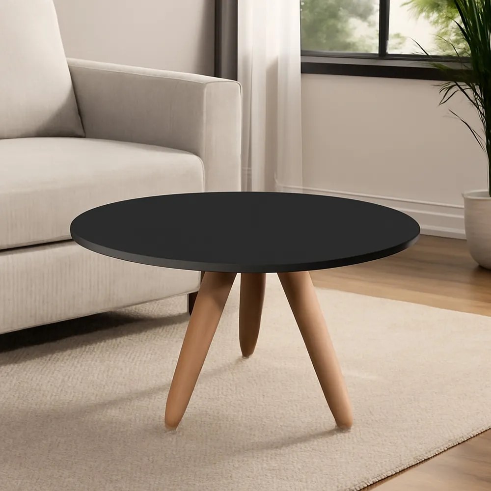 Mesa de Centro Redonda para Sala Pé de Madeira Retrô Camila B04 - D'Rossi - Preto