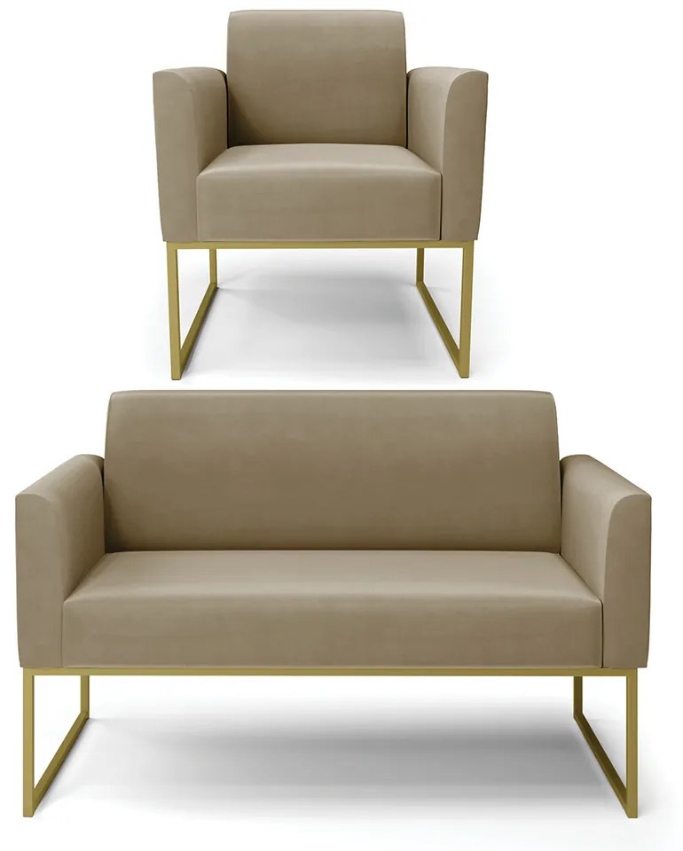 Sofá Namoradeira com Poltrona Base Industrial Dourado Marisa Suede D03 - D'Rossi - Marrom Rato