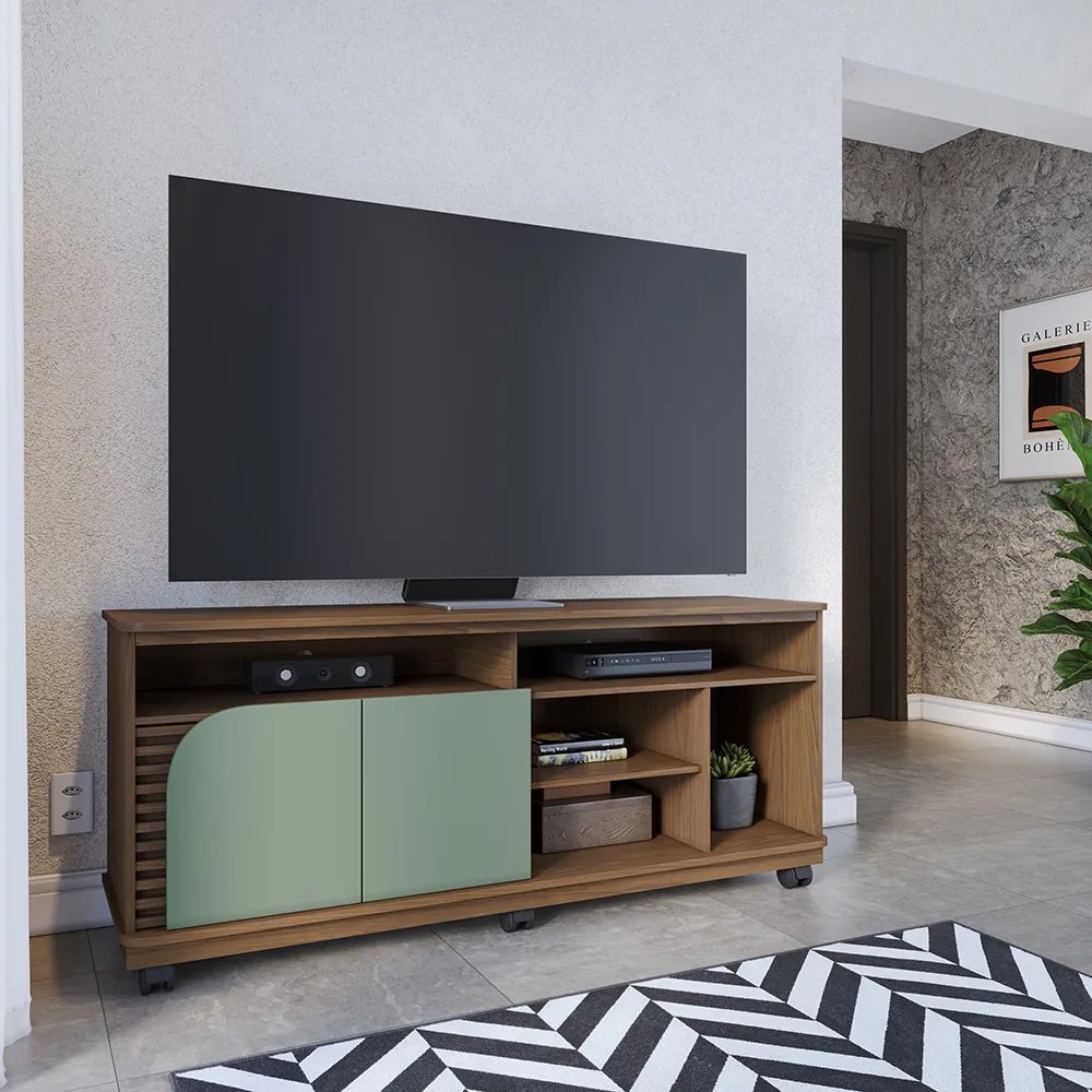 Bancada Tv de 65'' 2 Portas Ewa e Rodízio 150cm Amêndoa/Verde Pistache C04 - D'Rossi