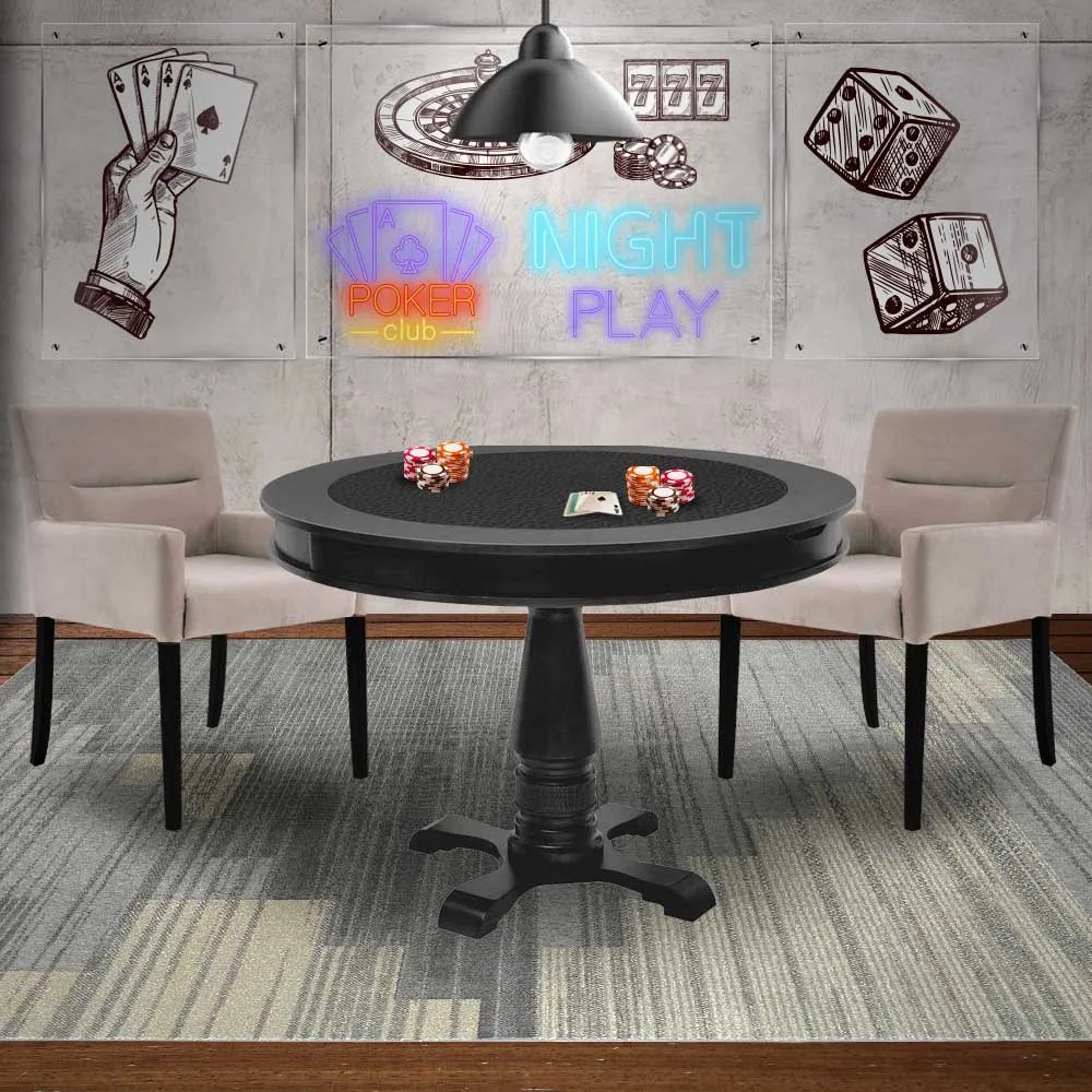 Mesa de Jogos Carteado Redonda Victoria Tampo Reversível Preto com 2 Cadeiras Vicenza Nude G36 G15 - Gran Belo