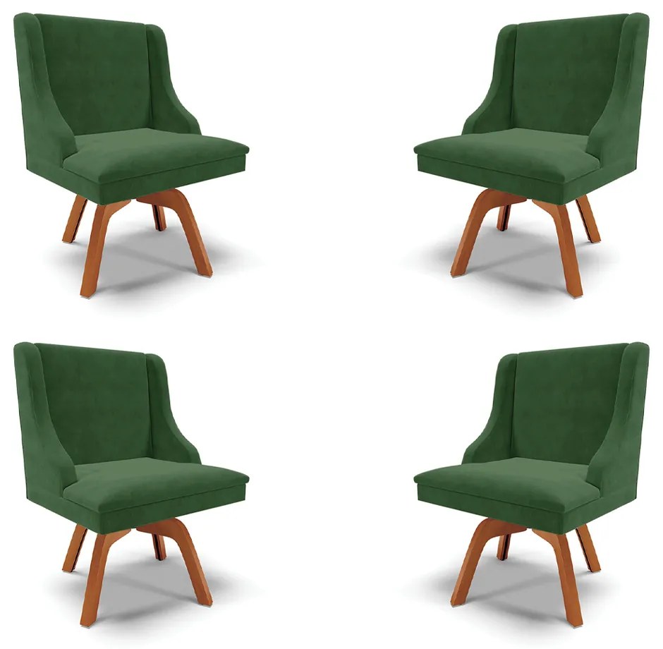 Kit 4 Cadeiras Decorativas Sala de Jantar Base Giratória de Madeira Firenze Suede Verde Esmeralda/Natural G19 - Gran Belo