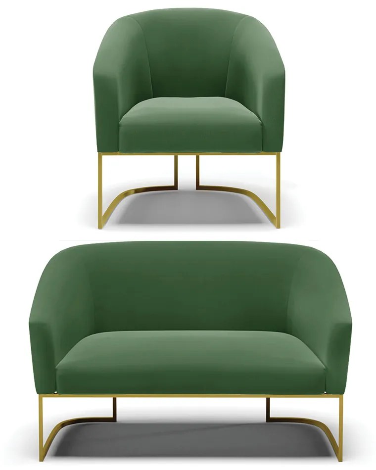Namoradeira e Poltrona Base Industrial Dourado Stella Suede D03 - D'Rossi - Verde
