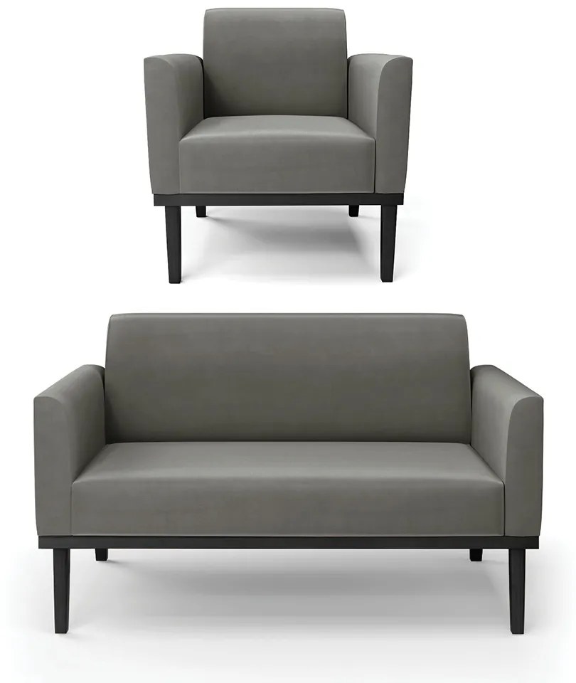Conjunto Poltrona e Namoradeira Decorativa Isabella Pés Fixo em Madeira Preto Suede Grafite G19 - Gran Belo