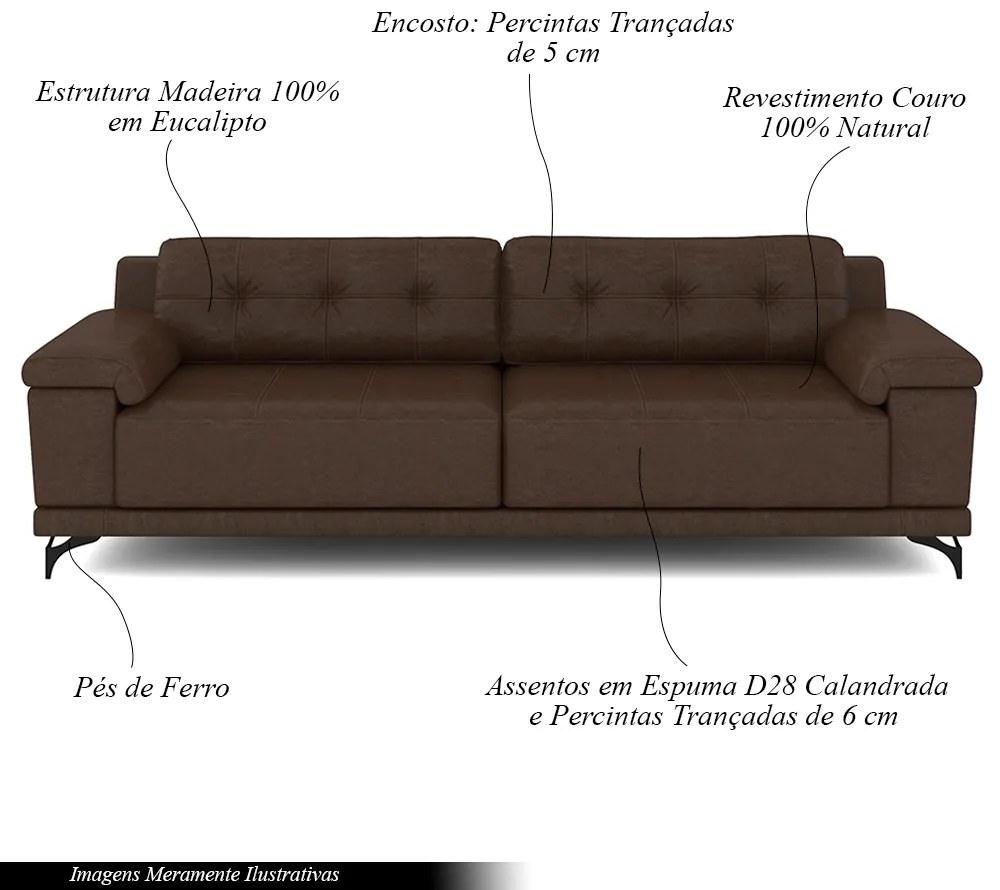 Sofá Living 4 lugares 252cm Agostino Pés Design em Ferro Couro Marrom Manchado G52 - Gran Belo