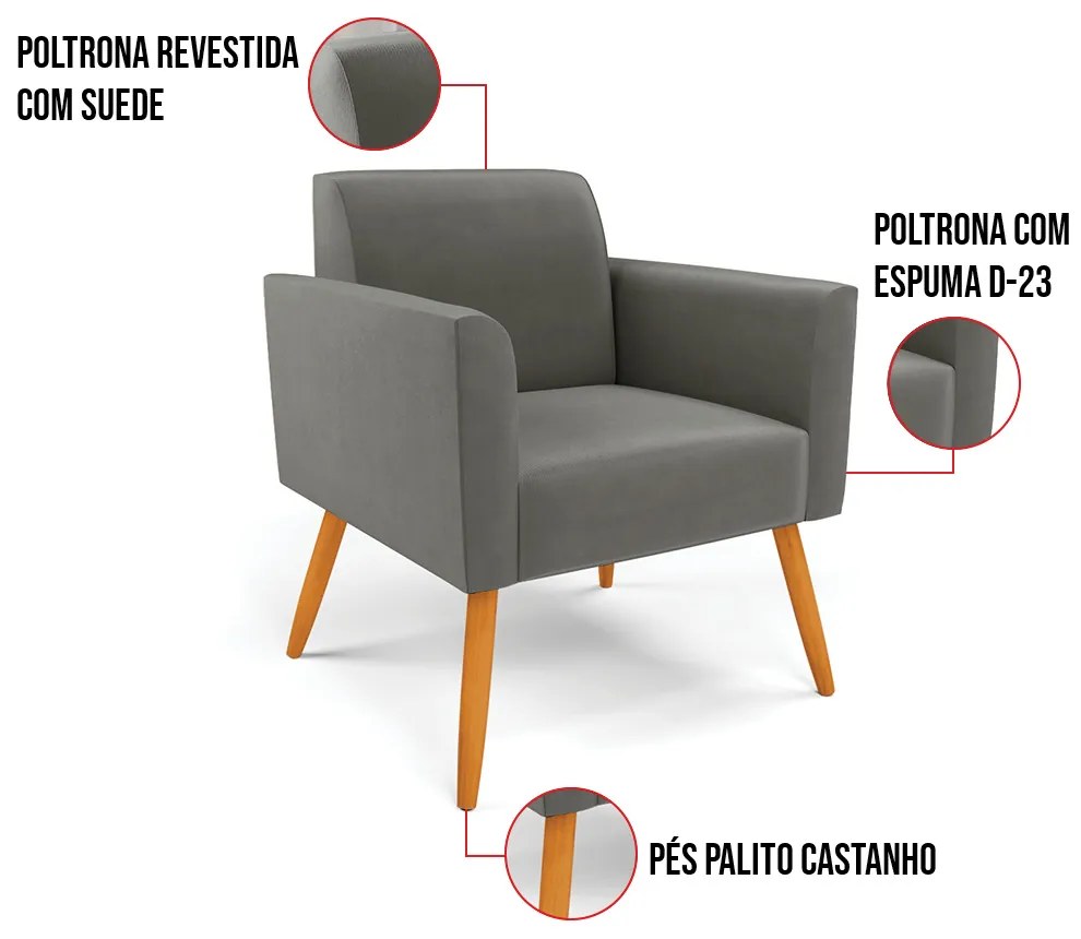 Poltrona Pés Palito Castanho Marisa Suede - Grafite
