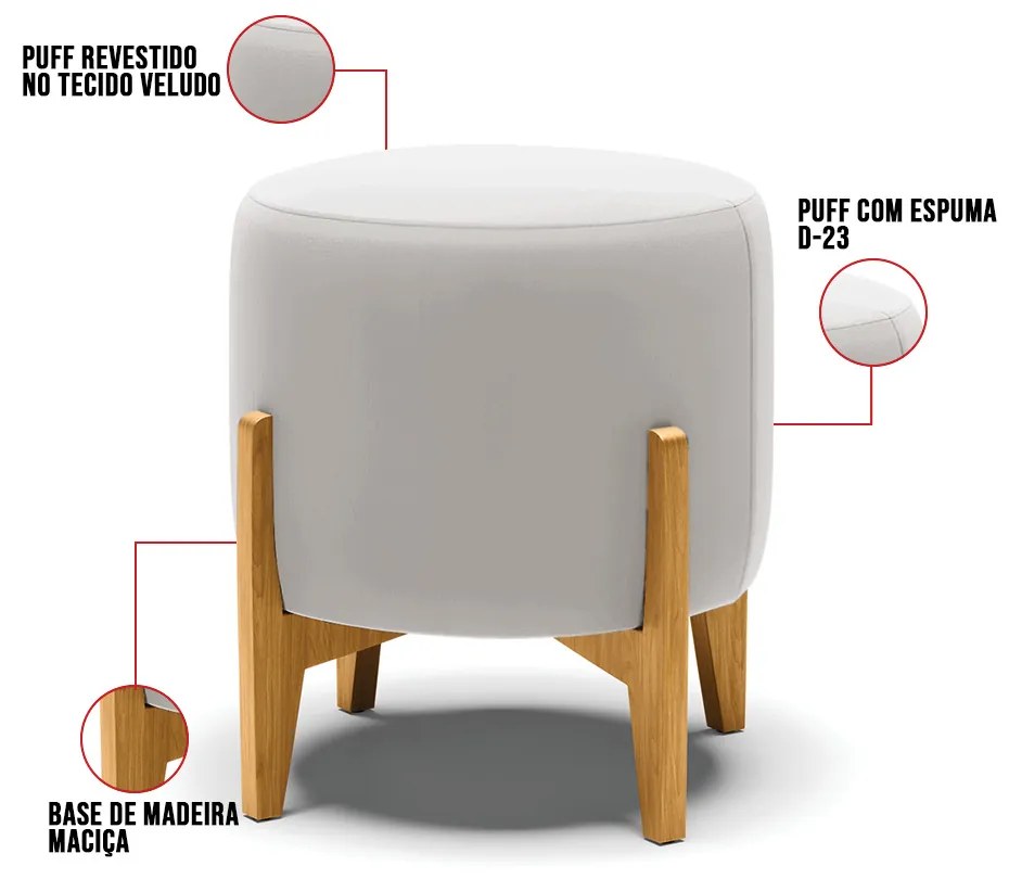 Puff Stella Veludo Base Madeira Castanho D03 - D'Rossi - Cinza