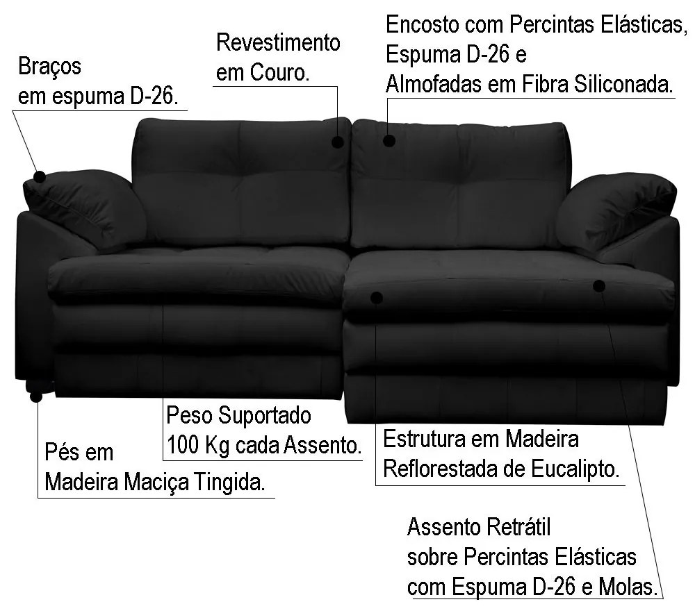 Sofá Retrátil 3 Lugares Bipartido Sala de Estar Piece 215cm Couro Preto - Gran Belo