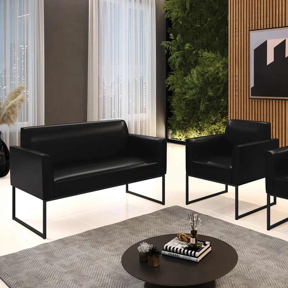 Sofá Namoradeira com Poltrona Base Industrial Preto Marisa Corano D03 - D'Rossi - Preto