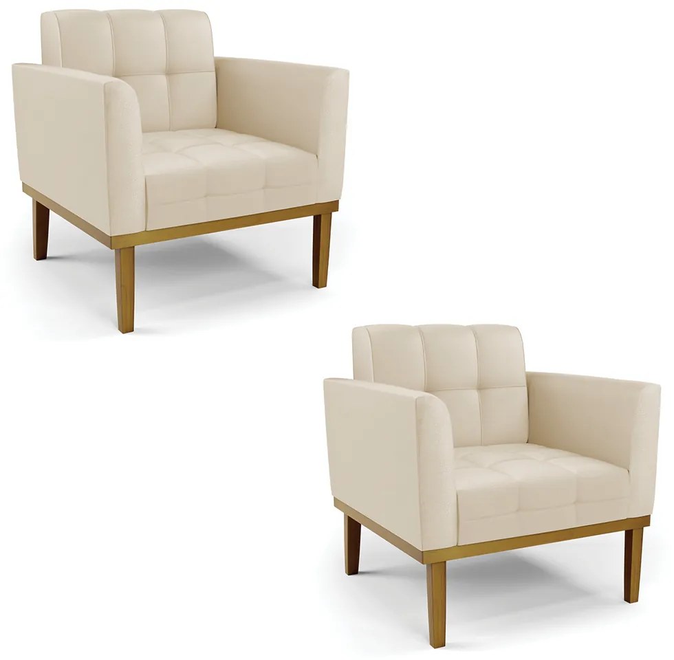 Kit 2 Poltronas Decorativas Karen Pés Fixo em Madeira Castanho PU Bege G19 - Gran Belo