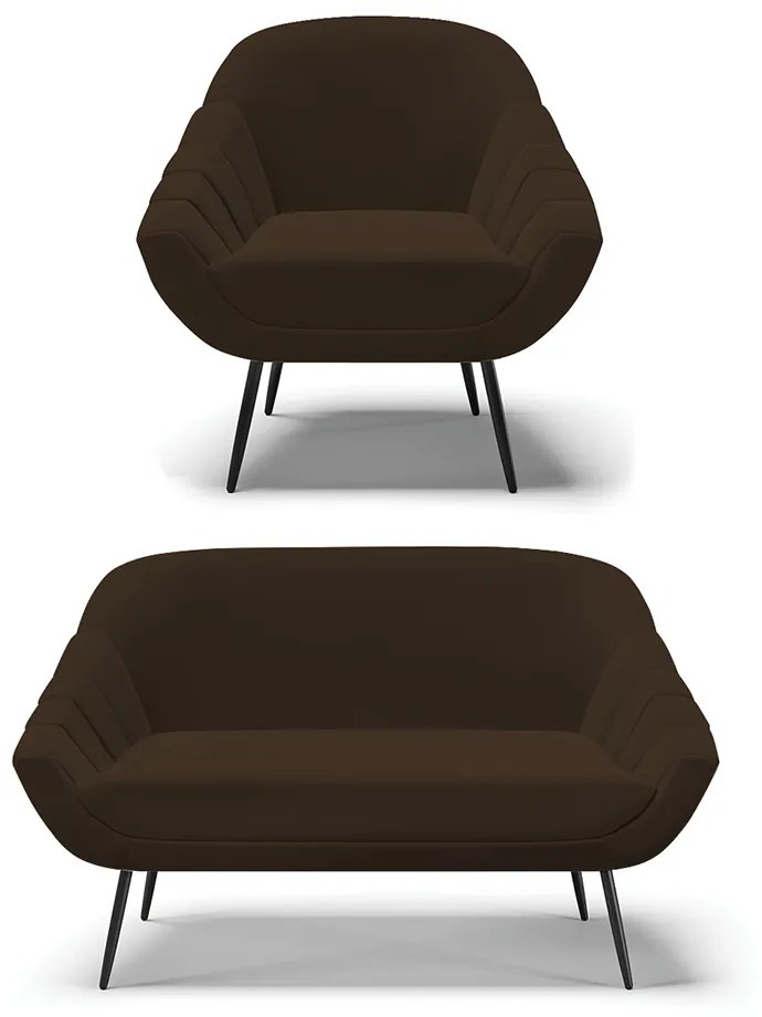 Kit 01 Namoradeira 02 Lugares e 01 Poltrona Giovana Suede Marrom Pés Palito de Ferro - D'Rossi