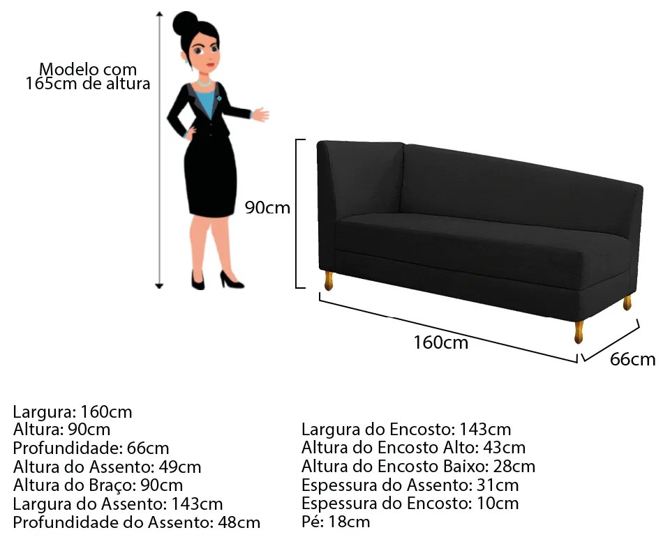 Recamier Valéria 160cm Lado Direito Corano Preto - ADJ Decor