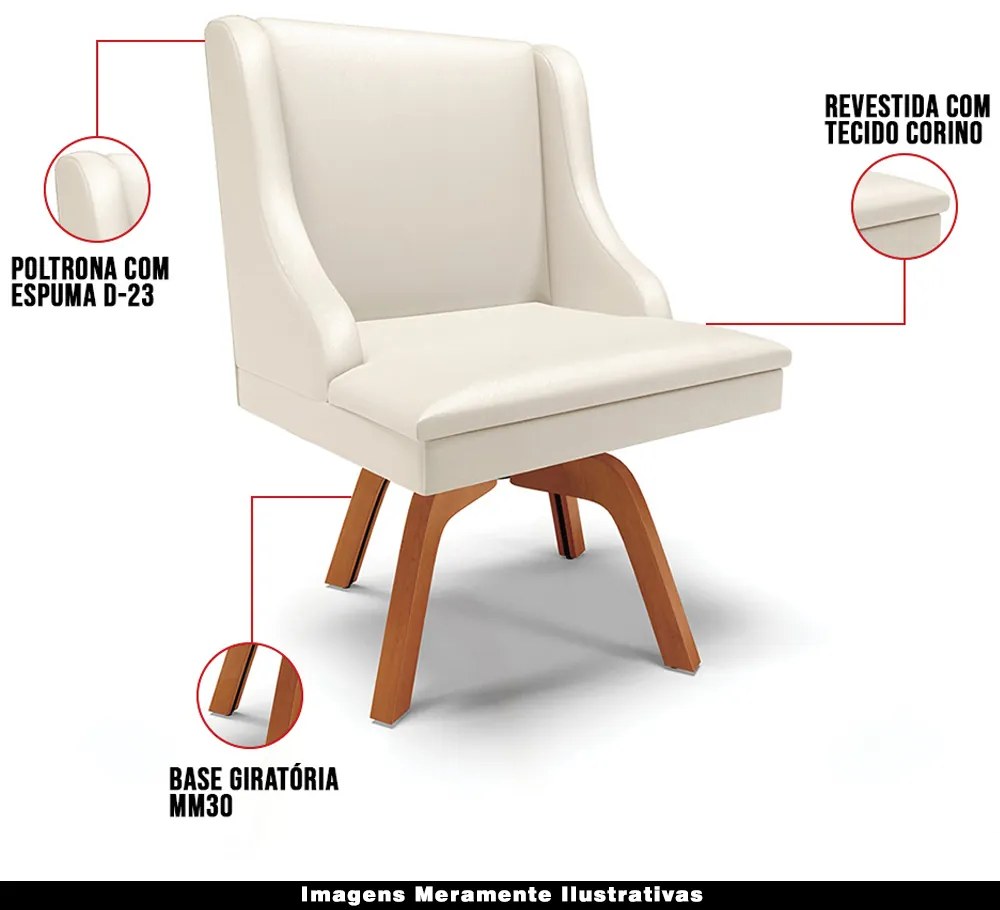 Kit 3 Cadeiras Decorativas Sala de Jantar Base Giratória de Madeira Firenze PU Bege/Natural G19 - Gran Belo