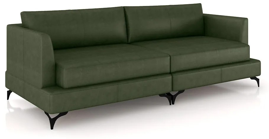 Sofá Living Bipartido 250cm Indonésia Pés de Ferro Couro Verde Manchado G52 - Gran Belo