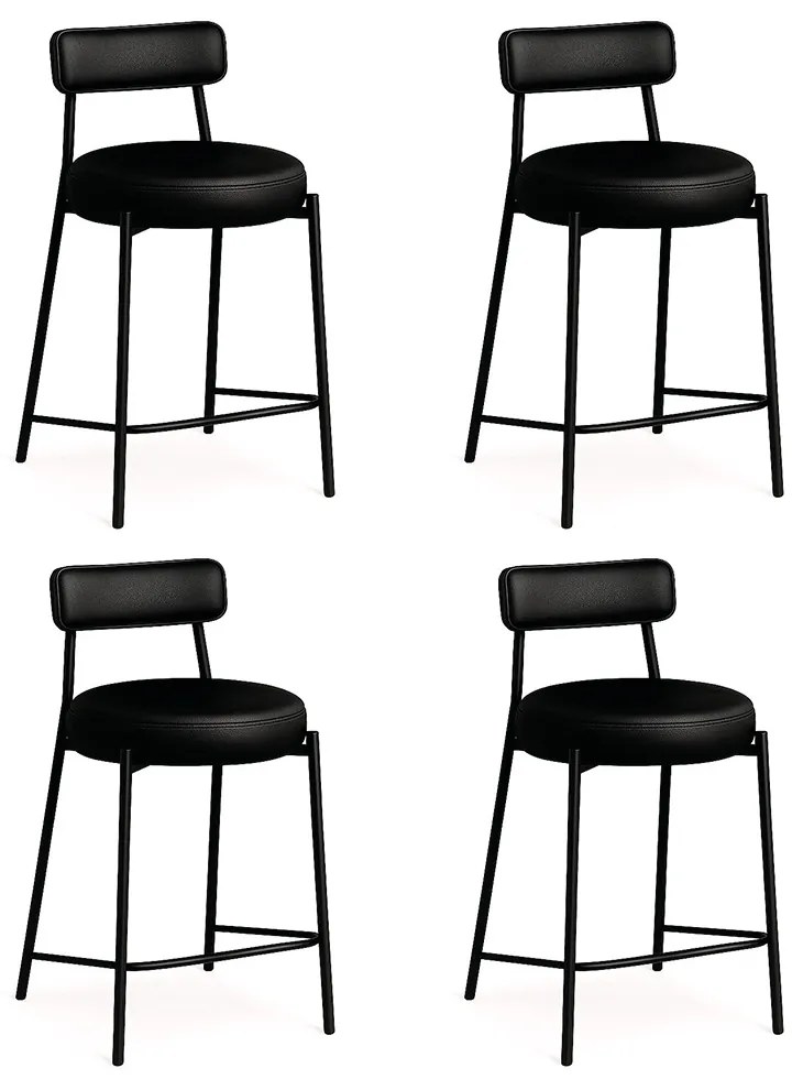 Banqueta de Cozinha Alta com encosto Industrial em aço kit 4 Londres PU D03 - D'Rossi - Preto