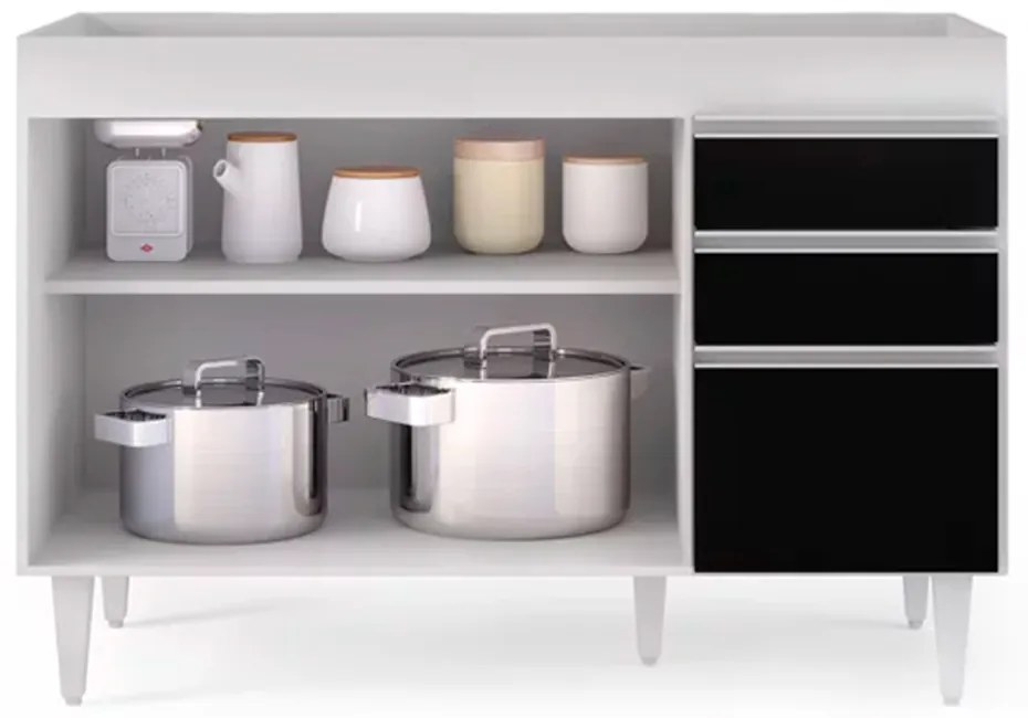 Balcão de Cozinha Lavanderia sem Tampo 02 Gavetas Beth 120 cm - D'Rossi - Branco e Preto