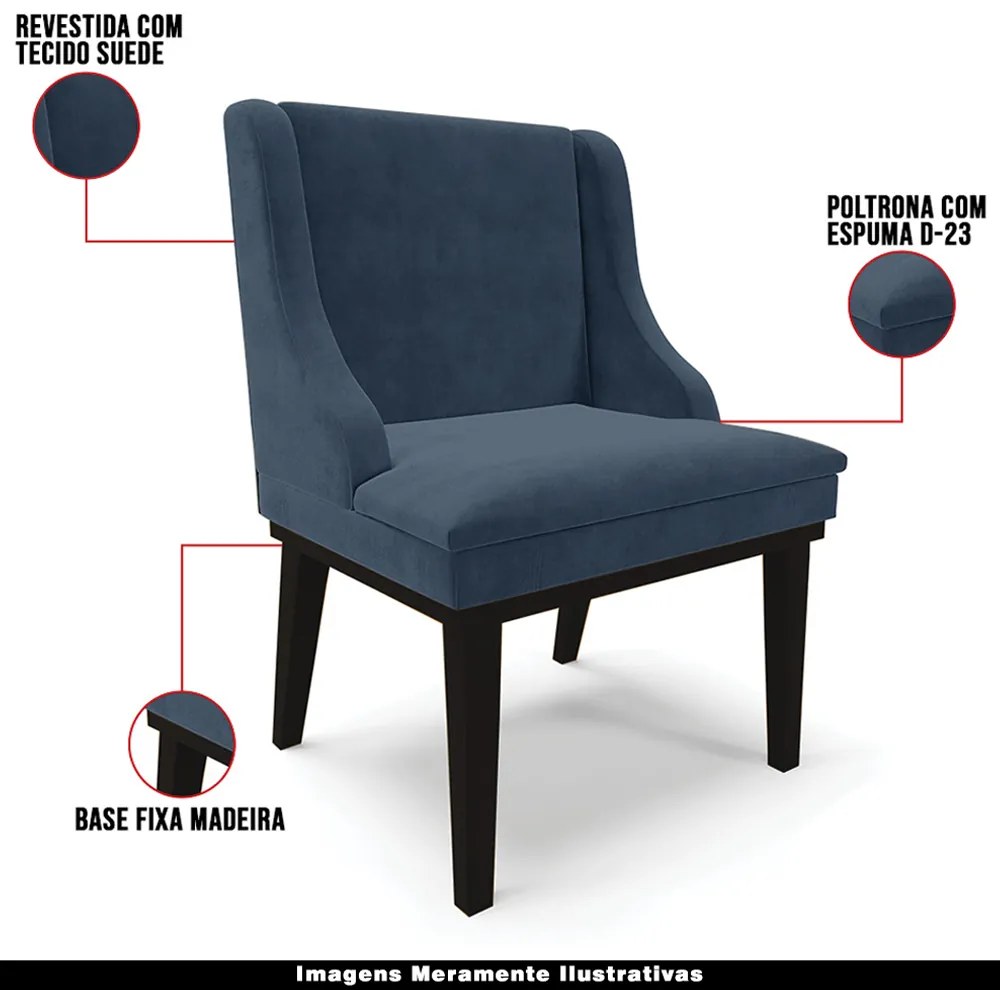 Kit 2 Cadeiras Decorativas Sala de Jantar Base Fixa de Madeira Firenze Suede Azul Marinho/Preto G19 - Gran Belo