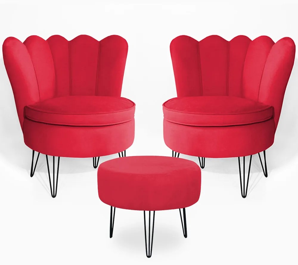 Conjunto 2 Poltrona Dália com Puff Chloe Pés Hairpin Legs Preto Veludo Vermelho