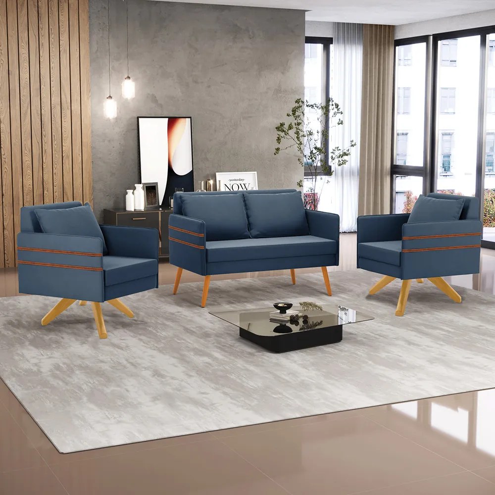 Kit 01 Namoradeira 02 Lugares e 02 Poltronas Mari Suede Base de Madeira MA30 D03 - D'Rossi - Azul Marinho