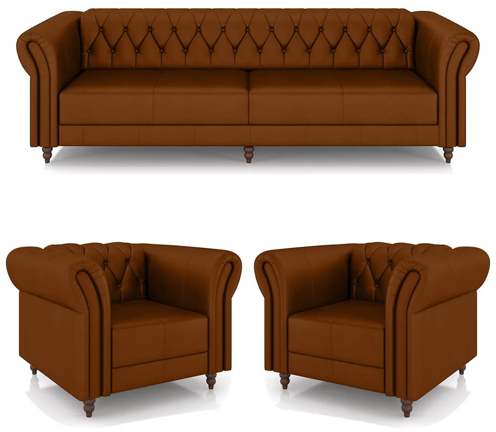 Conjunto Sala de Estar 1 Sofá Living 260cm e 2 Poltronas Stanford Chesterfield Pés Madeira Couro Caramelo G58 - Gran Belo