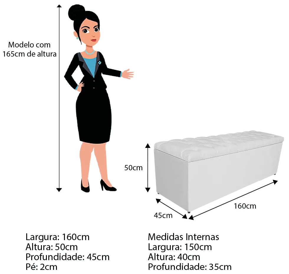 Calçadeira Estofada Liverpool 160 cm Queen Size Corano Branco - ADJ Decor