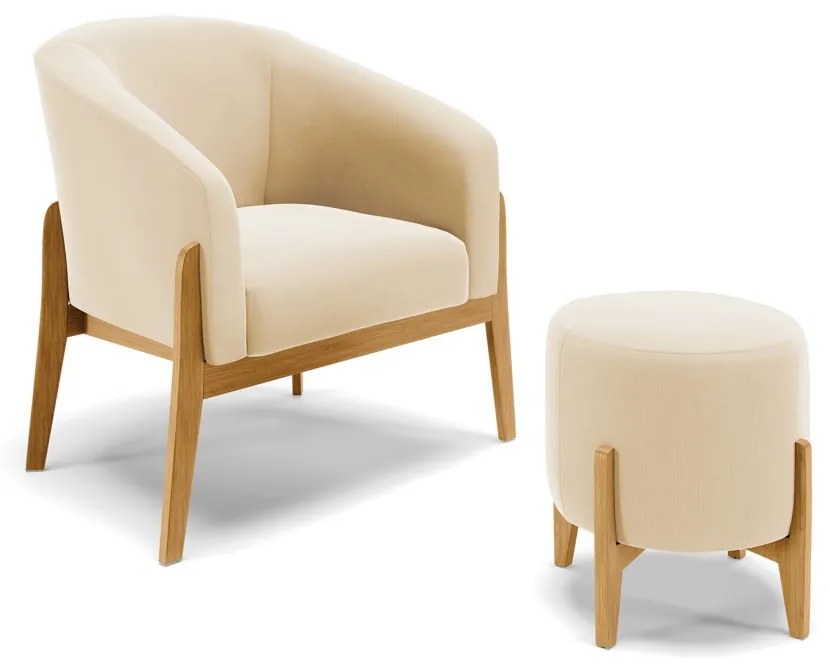 Poltrona com Puff Base de Madeira Stella Suede Bege D03 - D'Rossi