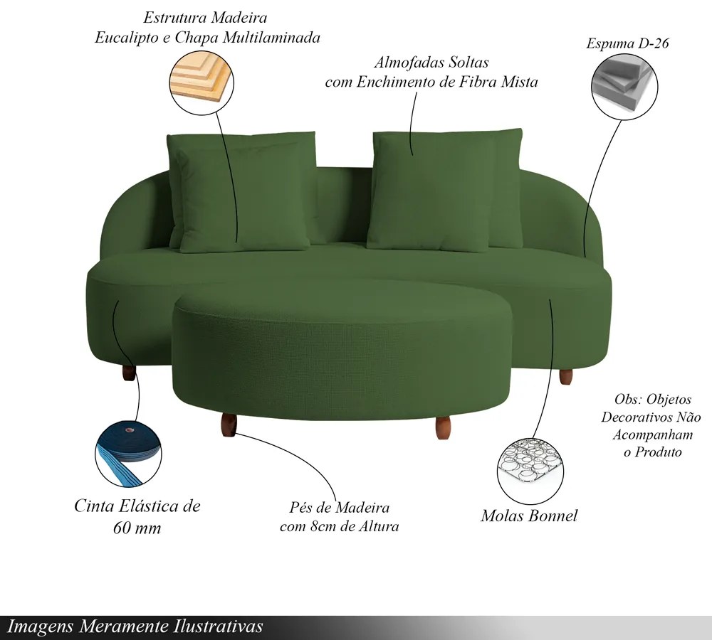 Sofá Living Sala de Estar Rocca 192cm com Puff Pés Madeira Linho Rústico Verde Musgo G92 - Gran Belo