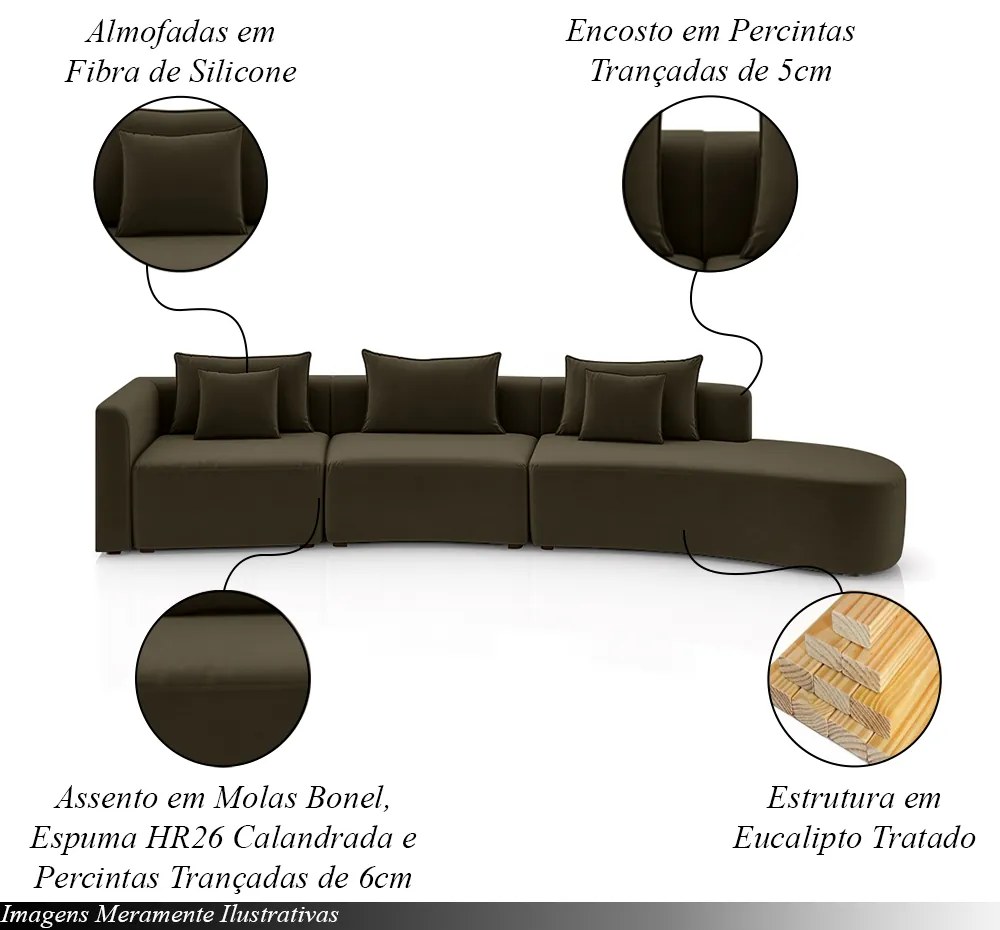 Sofá Curvo Decorativo Kimiko 427Cm 6 Lugares Sala de Estar com Chaise Veludo Marrom G52 - Gran Belo