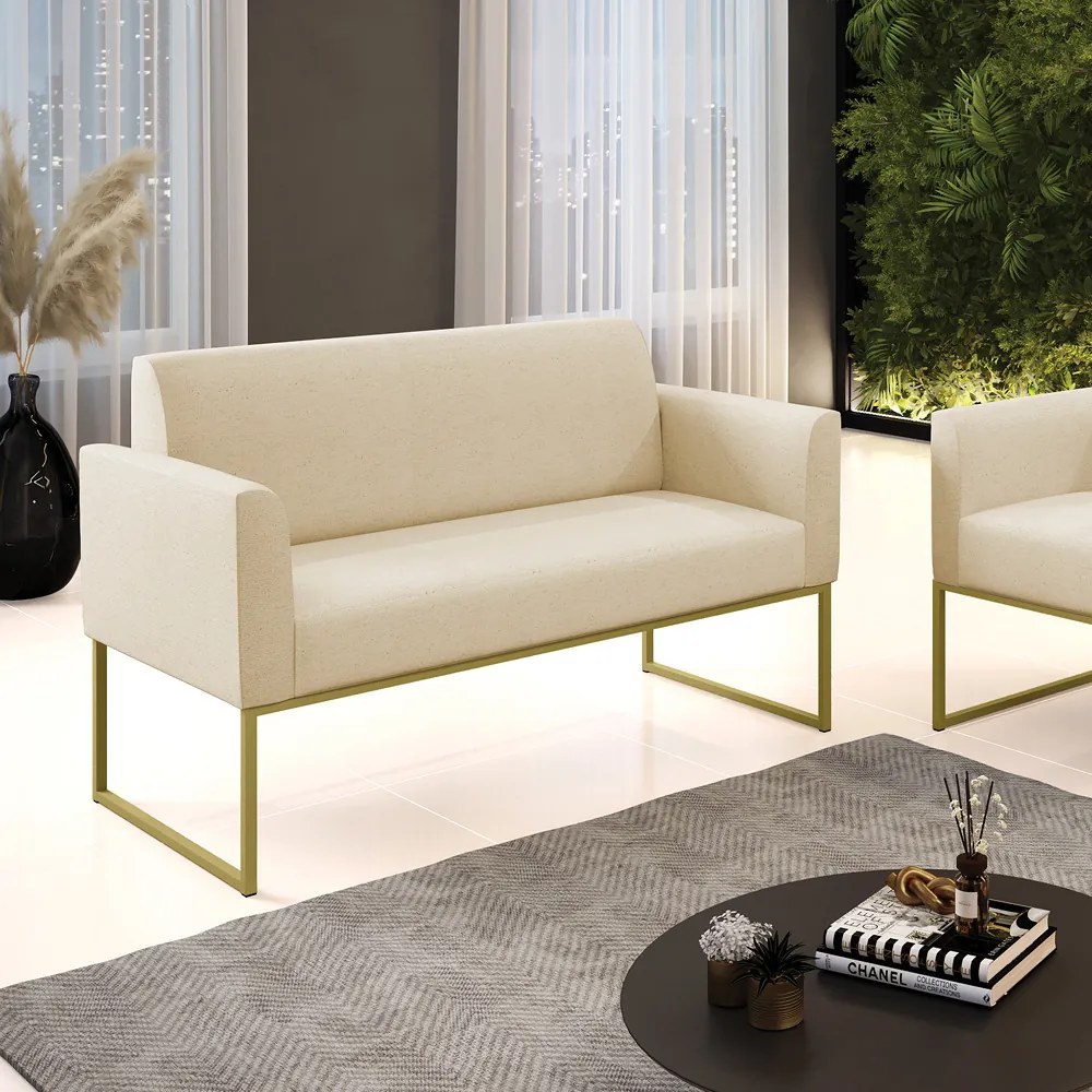 Sofá Namoradeira Base Industrial Dourado Marisa Linho Bege A19