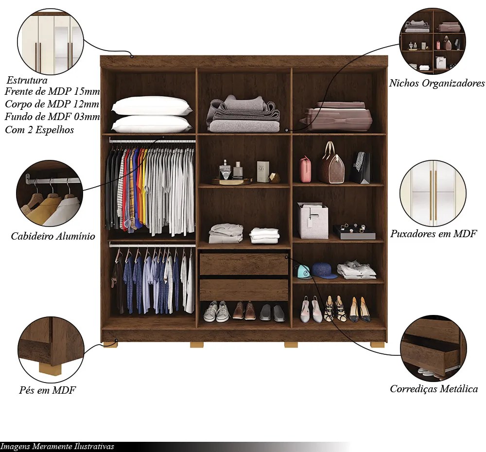 Guarda Roupa Casal Doral 6 Portas de Bater 2 com Espelhos 2 Gavetas Nogueira/OffWhite G98 - Gran Belo