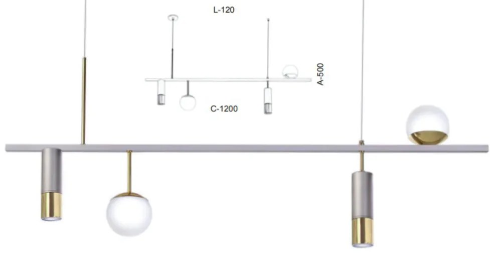 Pendente Retangular Misto 120X12X50Cm Tubo Metal E Globo Ø10Cm 02Xmr11... (PRETO, AMBAR)