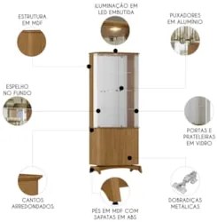 Cristaleira Porta de Vidro Com Espelho e LED Zuni Ypê N02   - Mpozenat