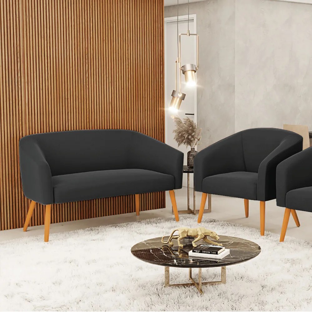 Sofá Namoradeira e Poltrona Pé Palito Castanho Stella Suede D03 - D'Rossi - Preto