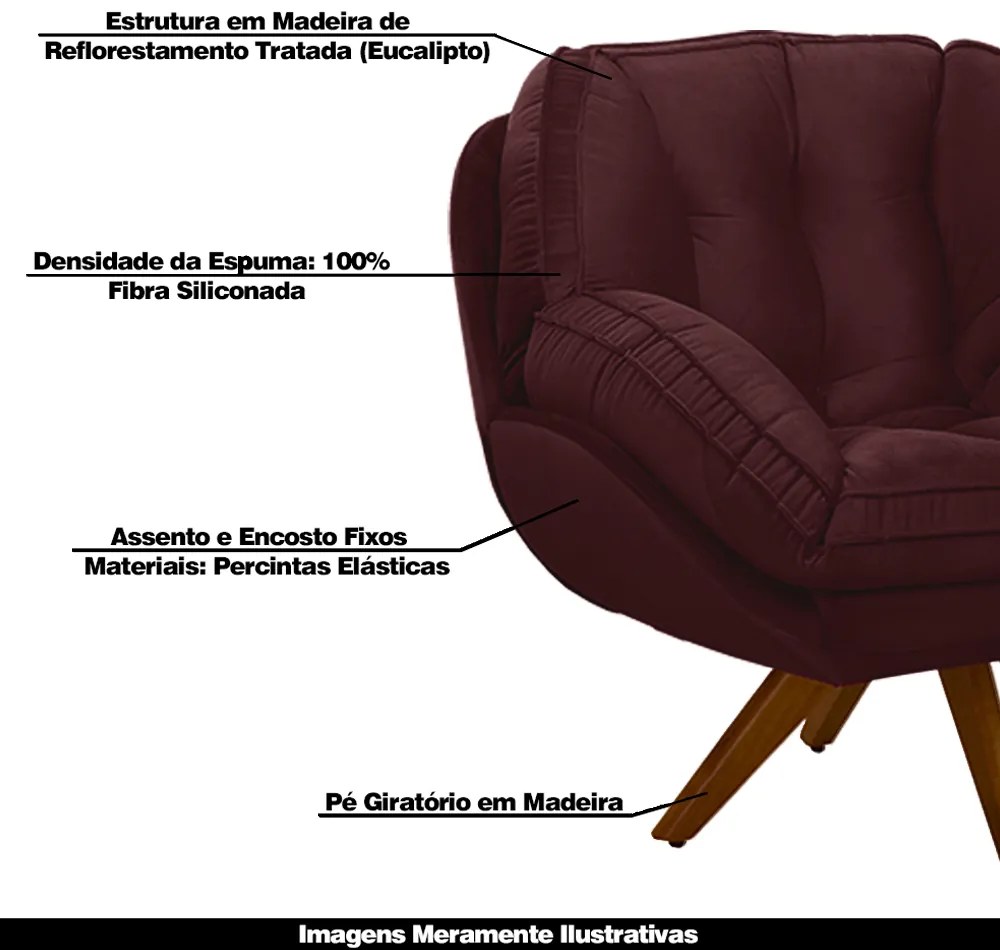 Kit 2 Poltronas Decorativas Base em Madeira Giratória Giroud Veludo Marsala G33 - Gran Belo