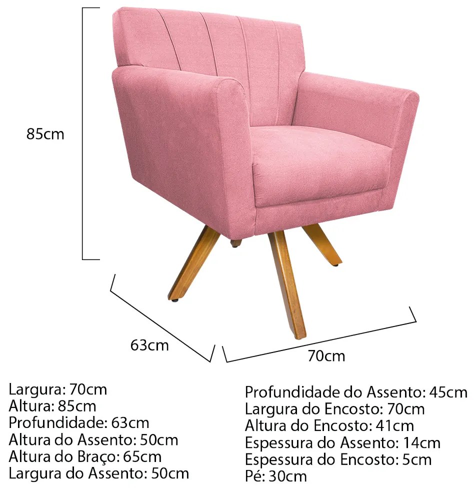 Poltrona Laura Base Giratória de Madeira Suede Rosa Bebê - ADJ Decor