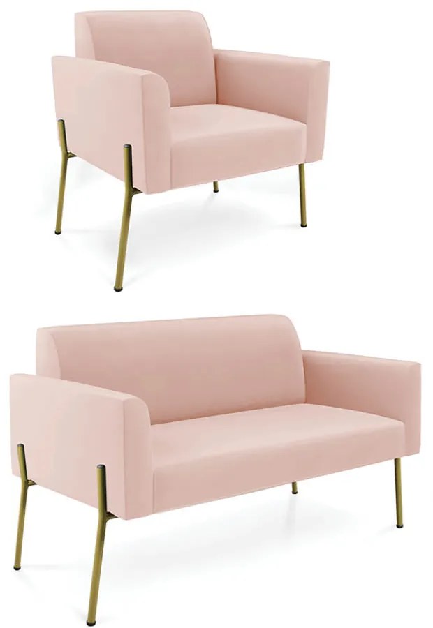Sofá Namoradeira e Poltrona Pé de Ferro Dourado Salão Marisa Veludo Rosê