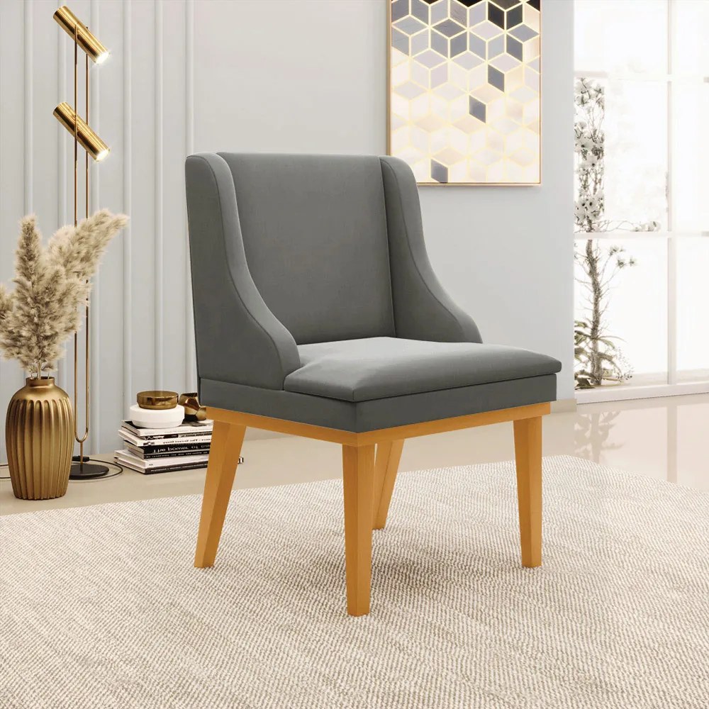 Poltrona Decorativa Base Fixa de Madeira Firenze Suede Grafite/Castanho G19 - Gran Belo