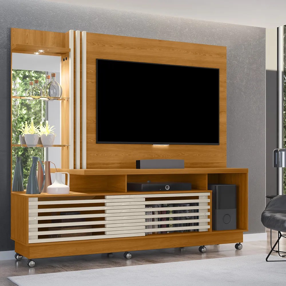 Estante de TV 60 Pol 200cm com Rodízio Sala de Estar Lumari M20 - D'Rossi - Cinamomo e Off White
