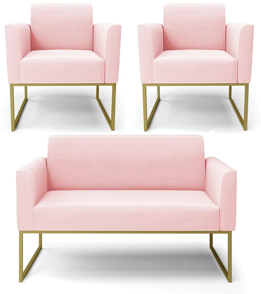Sofá Namoradeira com 2 Poltronas Base Industrial Dourado Marisa Suede D03 - D'Rossi - Rosa Bebê