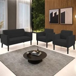 Sofá Namoradeira e 2 Poltronas Base Madeira Preto Maressa Veludo Preto