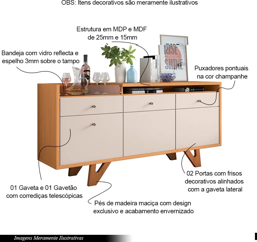 Conjunto Decorativo Cristaleira c/Adega e Buffet Aparador c/Bandeja Lateral Aura/Sollare Cinamomo/OffWhite G26 - HB Móveis
