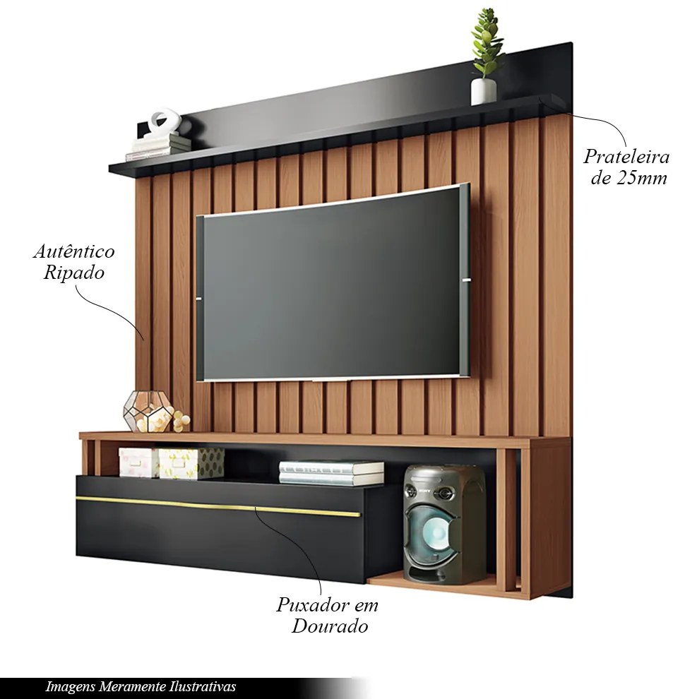 Painel Suspenso Decorativo Stesso Ripado TV Até 55 Nature/Preto - Gran Belo