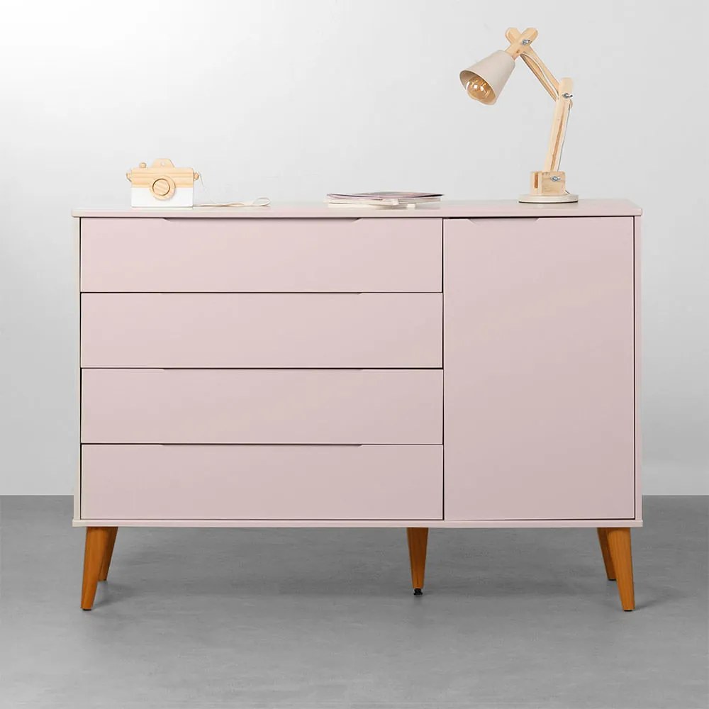 Cômoda Elfe 4 Gavetas e 1 Porta com Pés Retrô Mel - Rosa Fosco