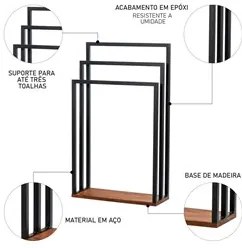 Toalheiro de Chão para Banheiro Glam Base de Madeira D09 Preto - Mpoze