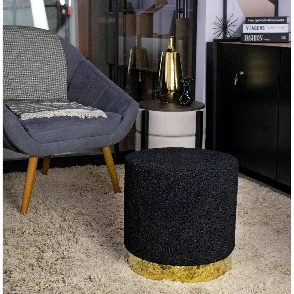 Puff Decorativo Redondo Tayla em Bouclê Preto com Detalhe Dourado na Base 40 cm - D'Rossi