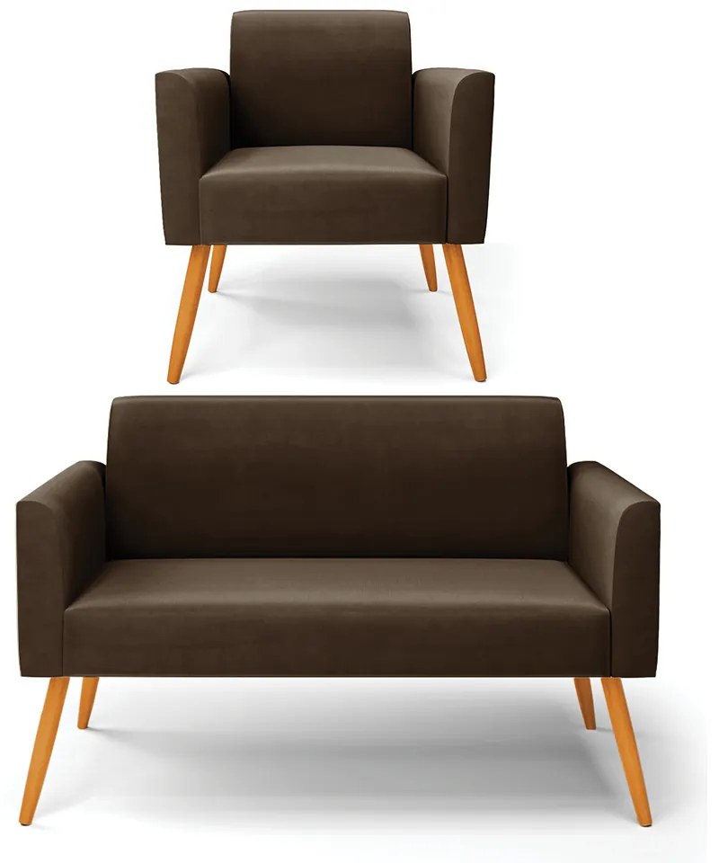 Sofá Namoradeira com Poltrona Pés Palito Castanho Marisa Suede Marrom D03 - DRossi